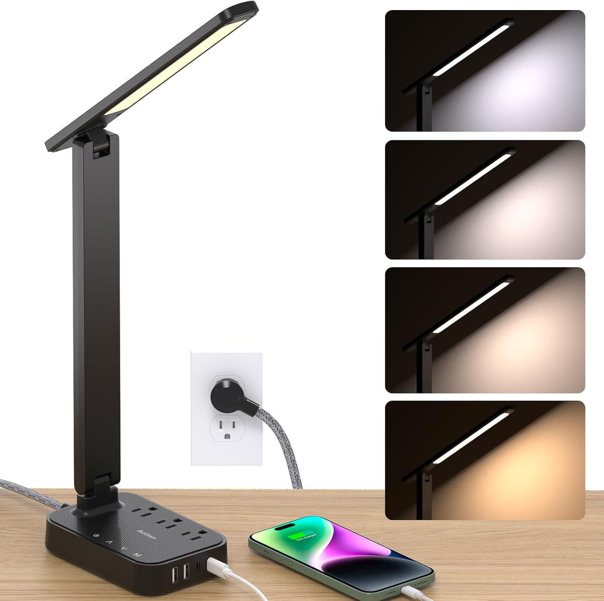 integrated power strip with 3 three-prong ac outlets plus 4 usb charging ports (2 usb-c, 2 usb-a)