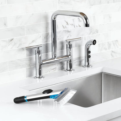 interchangeable heads (brush, sponge, scrub) on a single handle