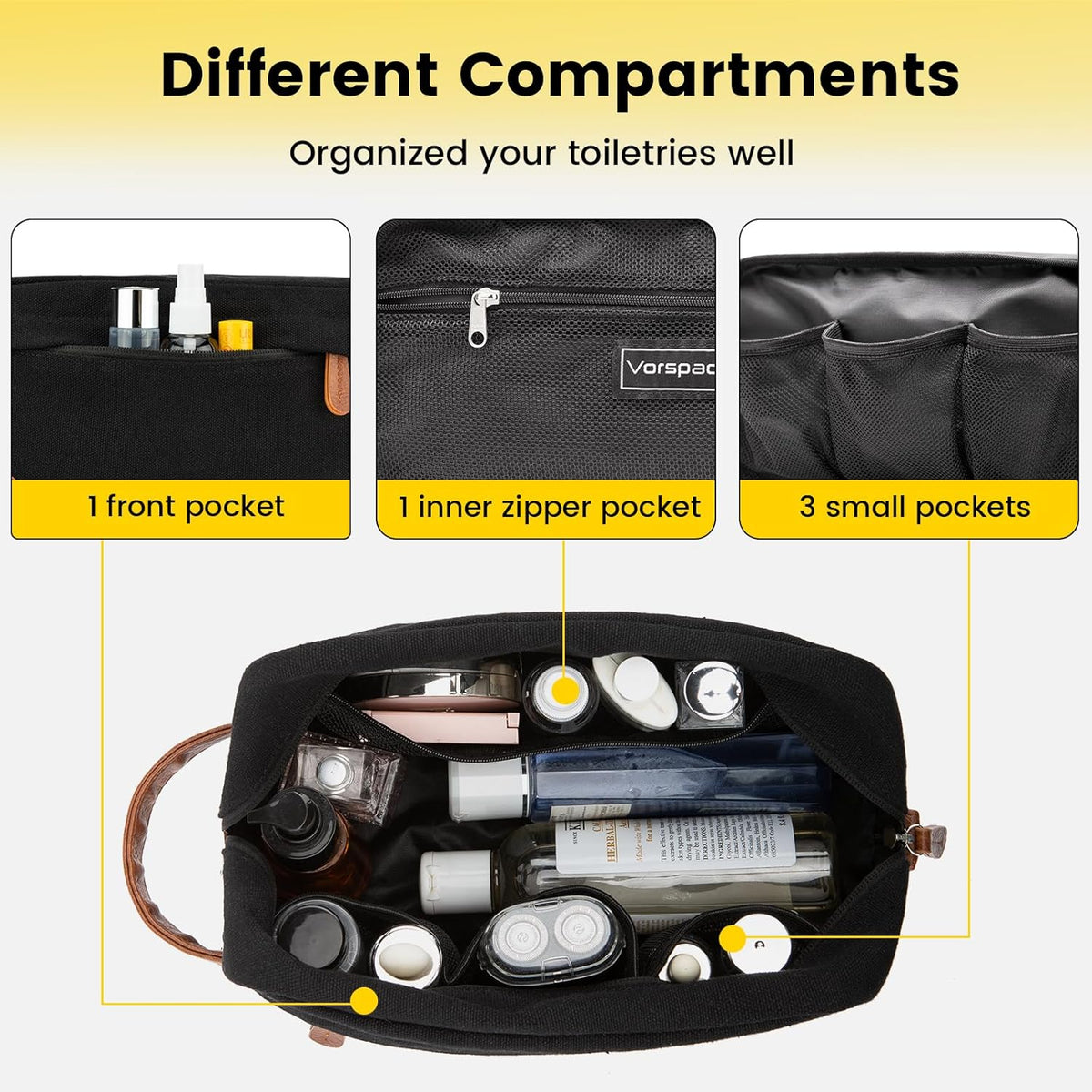 interior layout: 1 main compartment, 3 small mesh pockets, 1 long zippered mesh pocket, 1 exterior front zip pocket