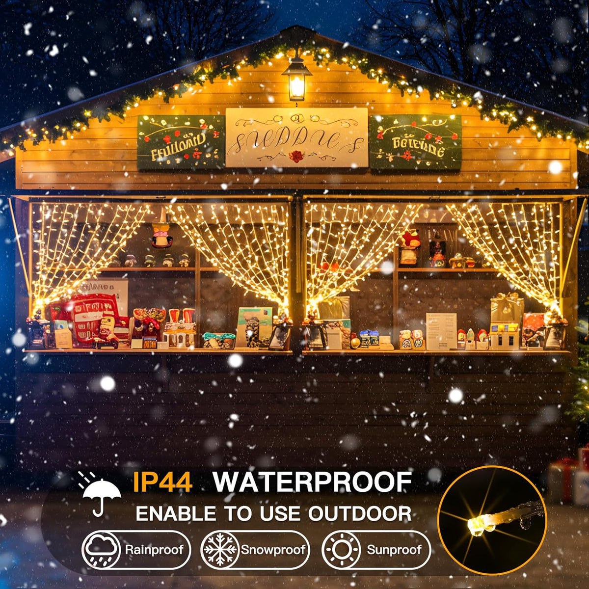 ip44 waterproof rating for the string portion (usb plug is not waterproof) for outdoor rain and snow resistance