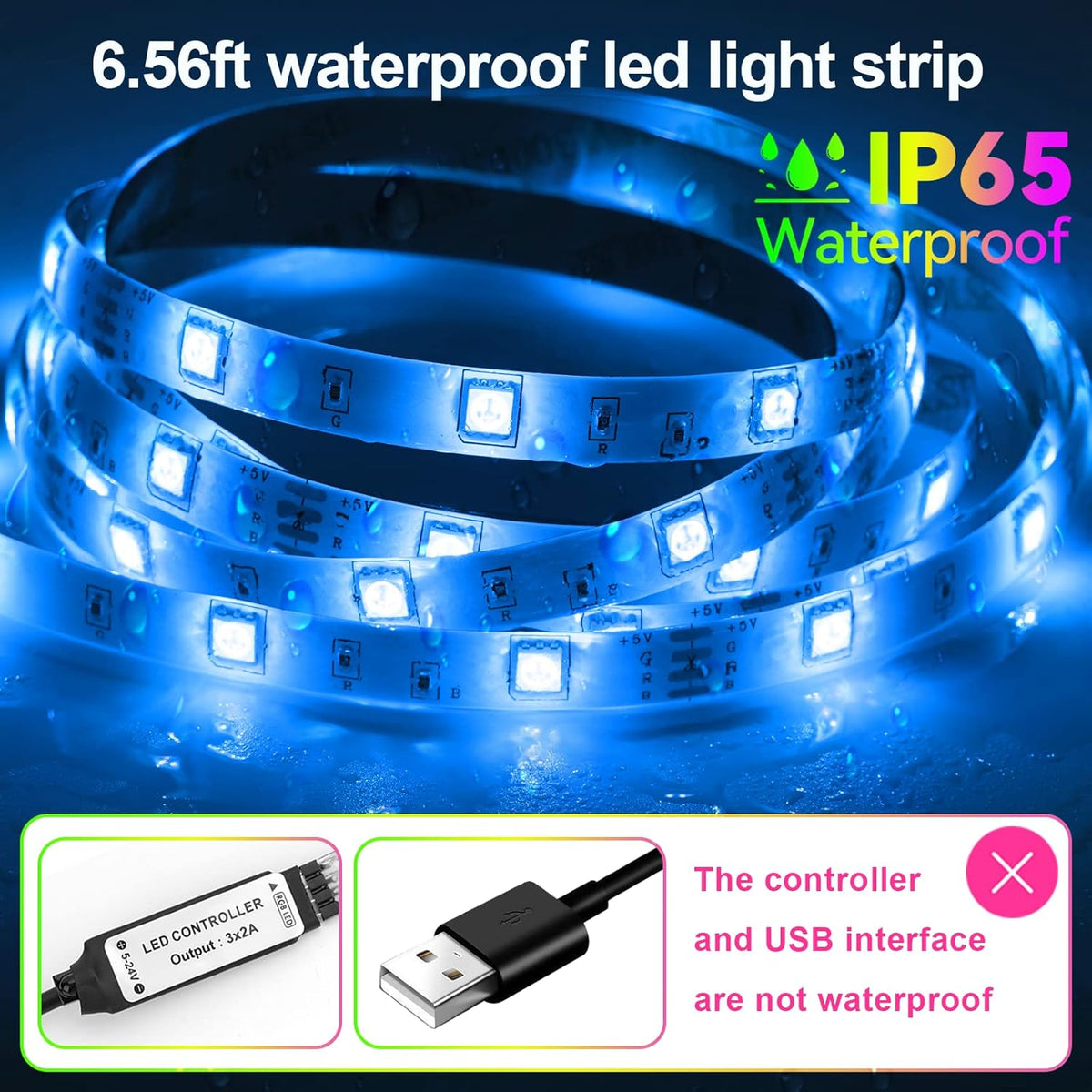 ip65 waterproof led strip (controller and usb interface not waterproof)