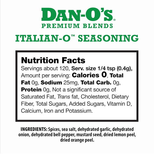 italian-o blend of basil, oregano, rosemary, granulated garlic, granulated onion, sea salt, dried lemon peel, dried orange peel, and mustard seed