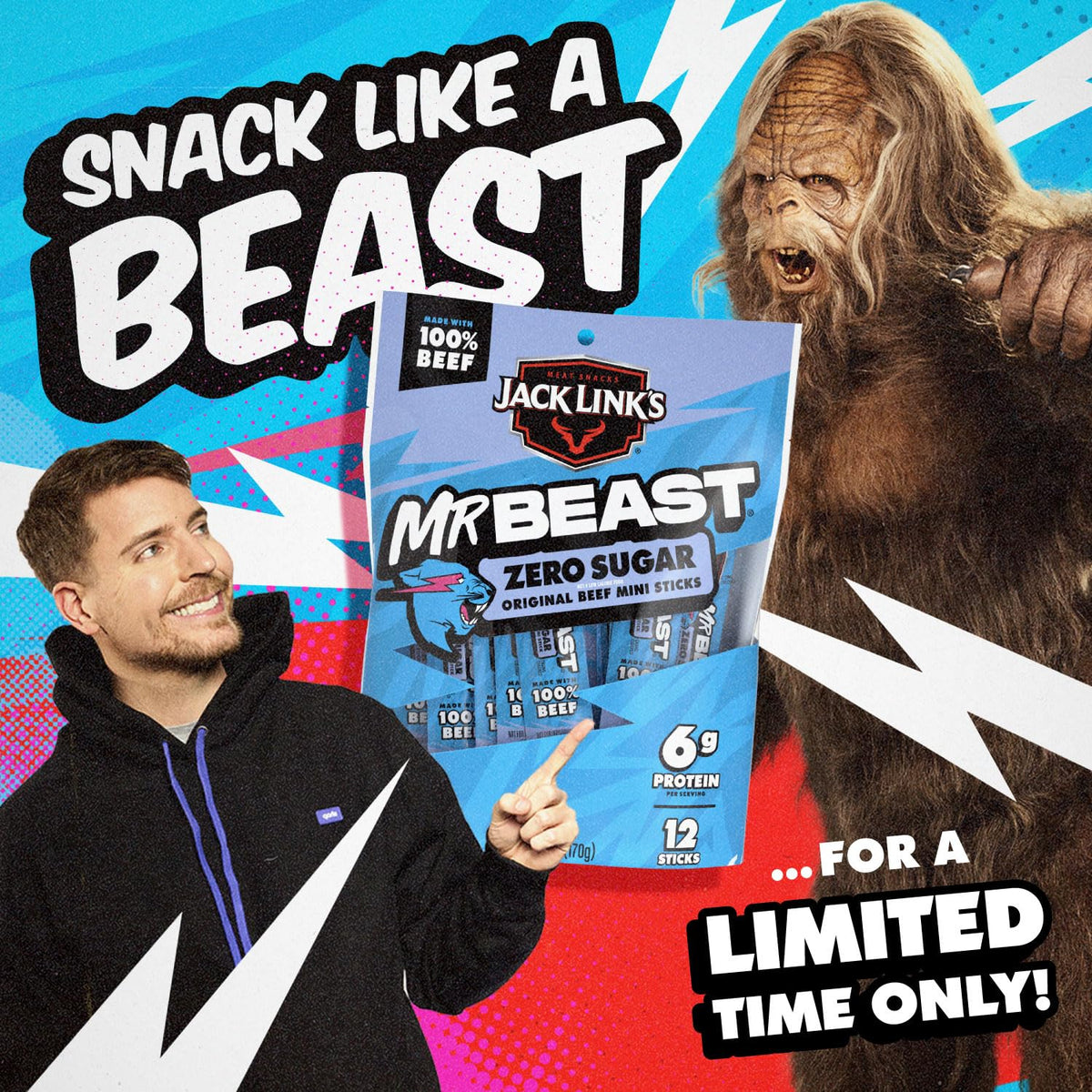 Jack Link's x MrBeast Zero Sugar Mini Beef Sticks – Road Trip Cooler Essential, 12 Pack of Protein Sticks