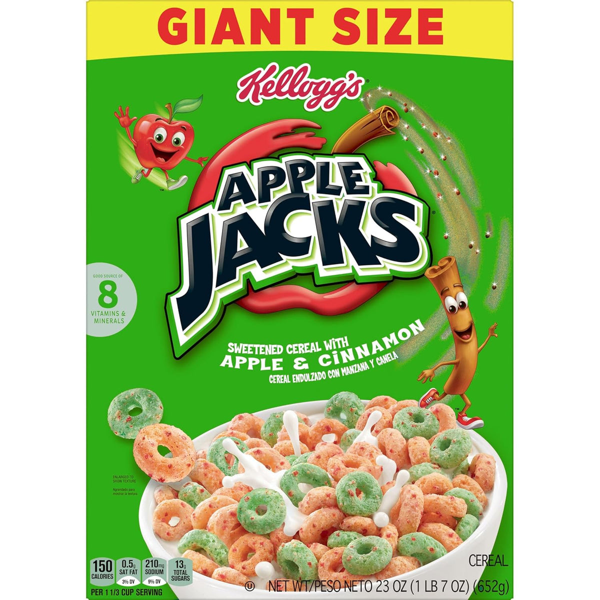 Kellogg's Apple Jacks Cereal – Low-Fat Apple Cinnamon Breakfast with Plant Milk, 23oz Giant Size