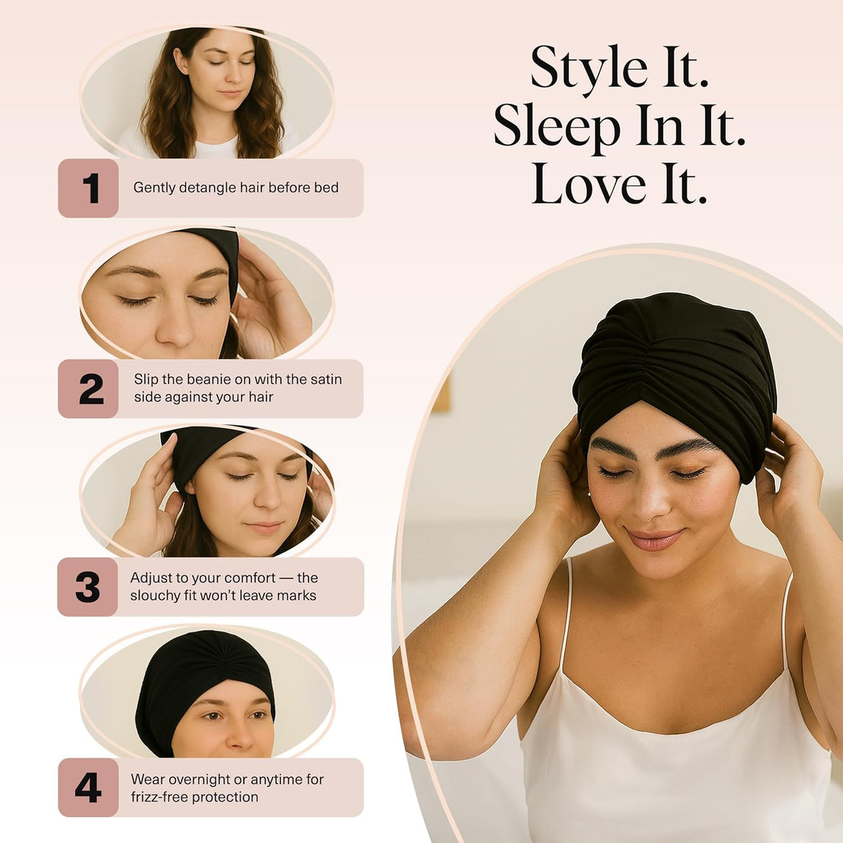 Kitsch Satin Lined Beanie – Wind-Down Hair Protection for Women, Gentle Sleep Bonnet for Frizz-Free Mornings