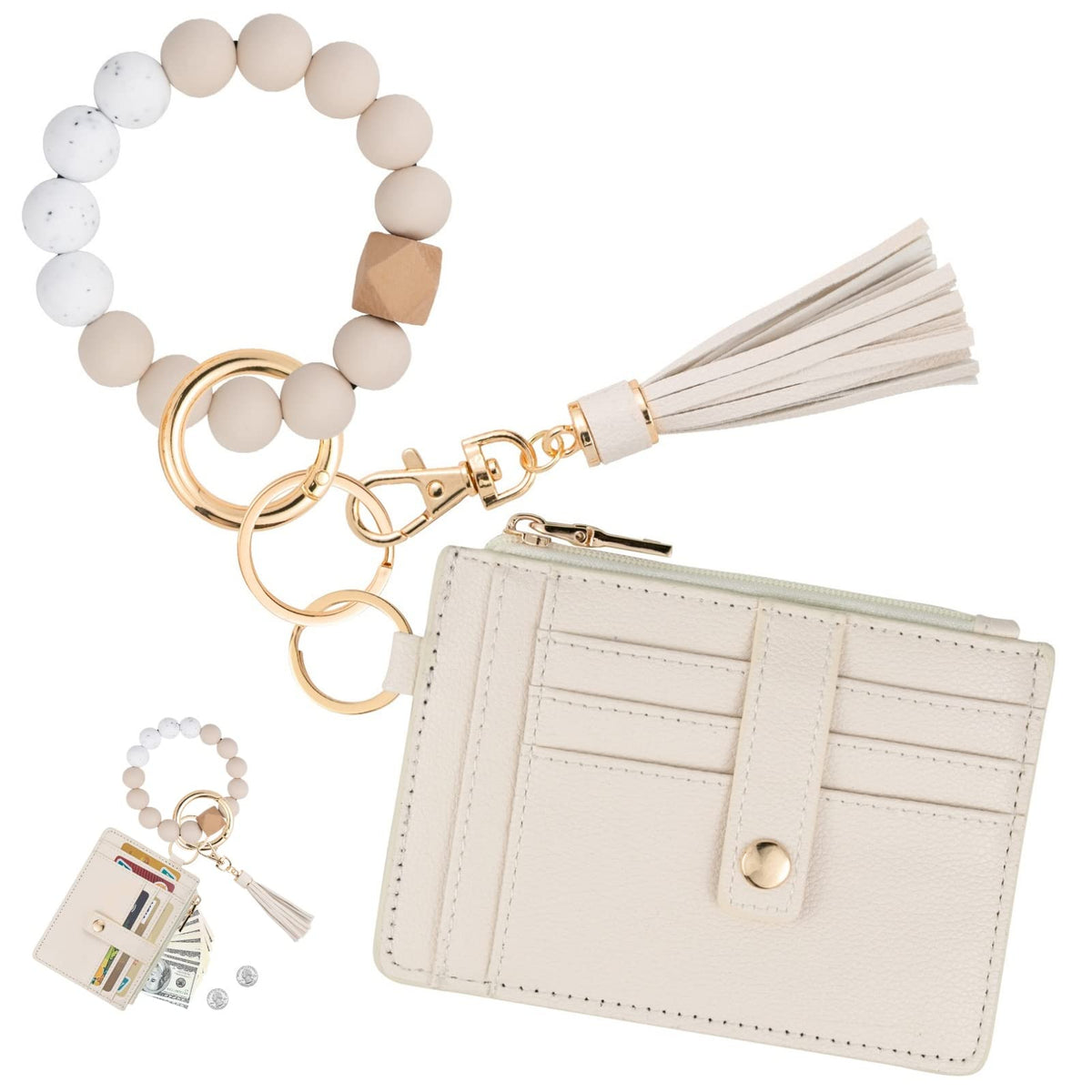 KNGITRYI Wallet Keychain Wristlet for Women,Slim RFID Credit Card Holder Purse Tassel Keychain Bangle Key Ring for Men Women