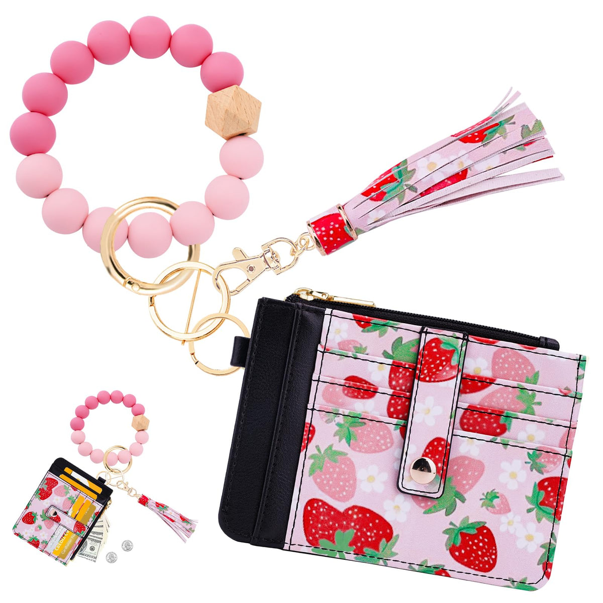 KNGITRYI Wallet Keychain Wristlet for Women,Slim RFID Credit Card Holder Purse Tassel Keychain Bangle Key Ring for Men Women (Print, Strawberry), 0.3*4.97*3.6