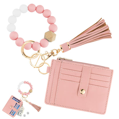 KNGITRYI Wallet Keychain Wristlet for Women,Slim RFID Credit Card Holder Purse Tassel Keychain Bangle Key Ring for Men Women