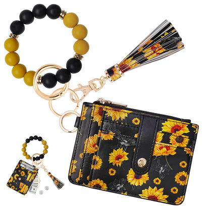 KNGITRYI Wallet Keychain Wristlet for Women,Slim RFID Credit Card Holder Purse Tassel Keychain Bangle Key Ring for Men Women