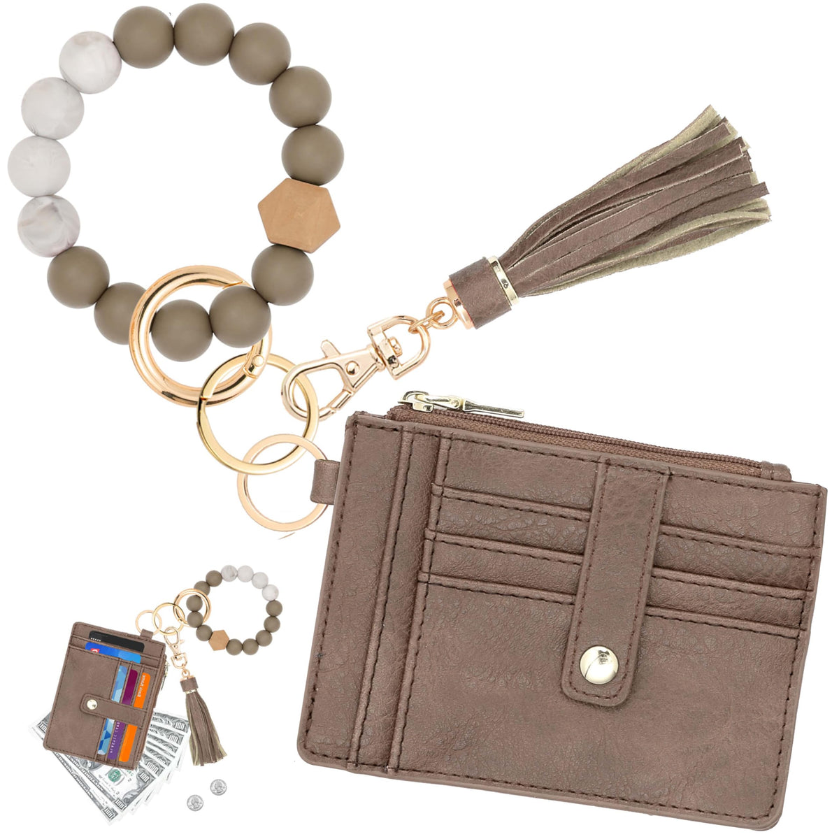 KNGITRYI Wallet Keychain Wristlet for Women,Slim RFID Credit Card Holder Purse Tassel Keychain Bangle Key Ring for Men Women