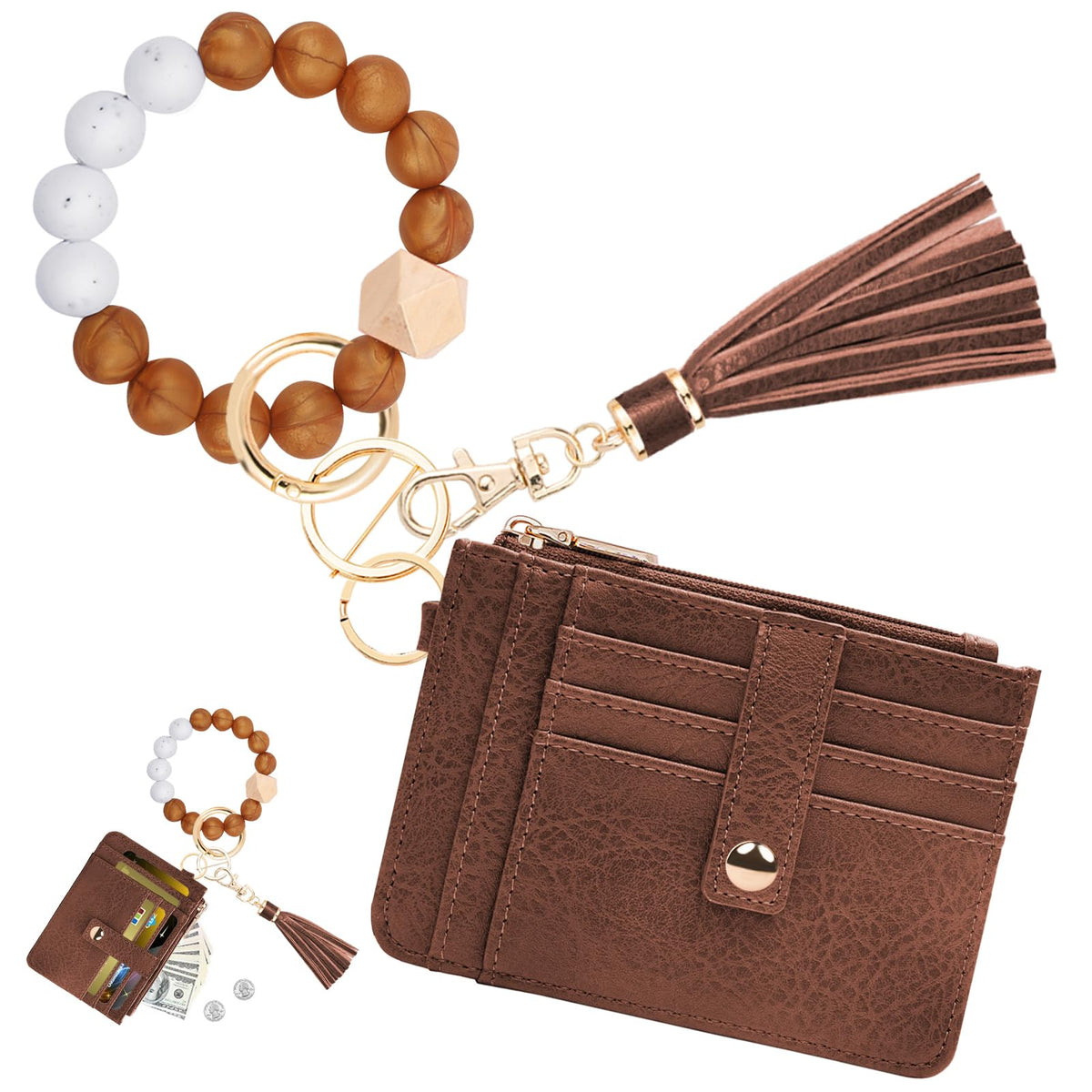 KNGITRYI Wallet Keychain Wristlet for Women,Slim RFID Credit Card Holder Purse Tassel Keychain Bangle Key Ring for Men Women