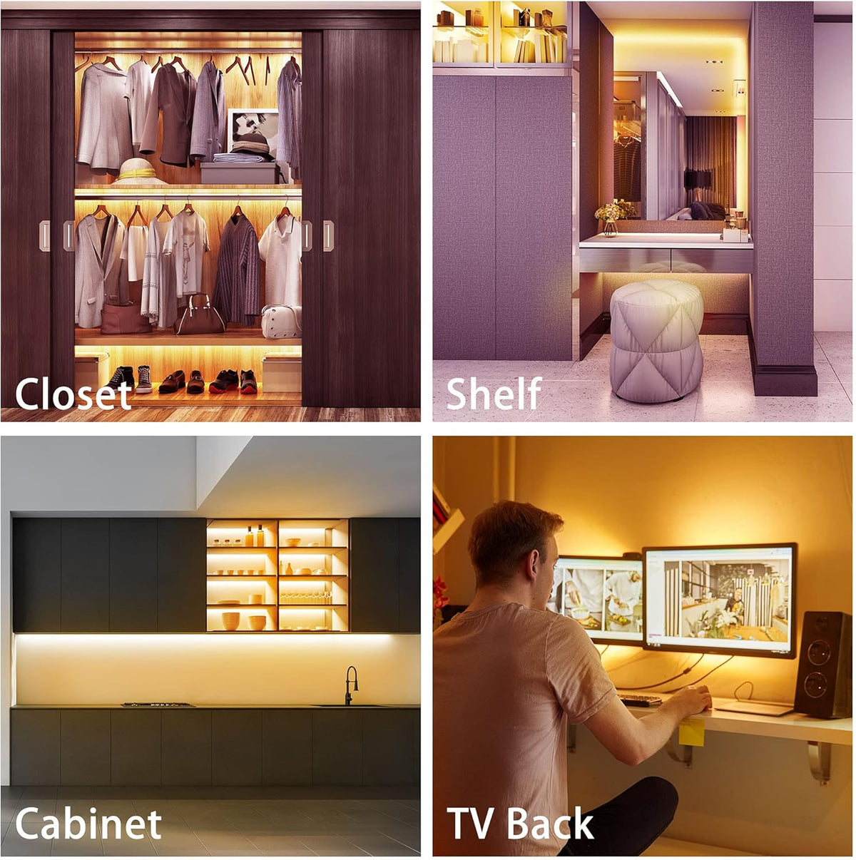 LAFULIT Flexible LED Strip Lights – Less-Is-More Shelf and Closet Lighting, Single Warm White Tone with Memory Function