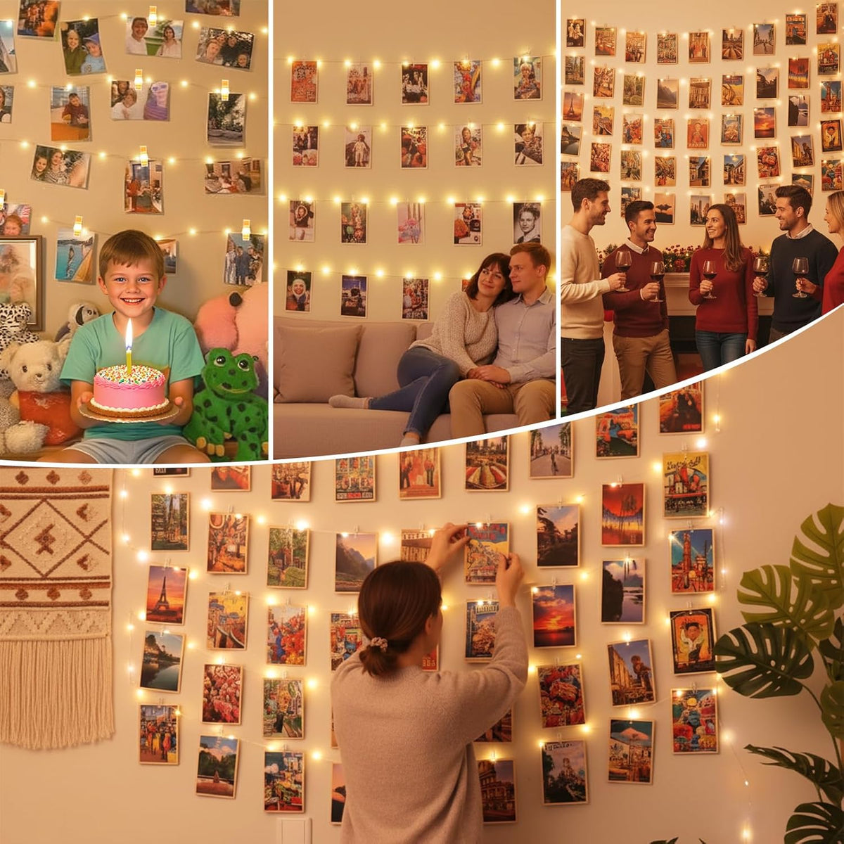 Lakumu Rechargeable Photo Clip Lights – Effortless Bedroom Wall Display, 50 Clips with No Extra Hardware
