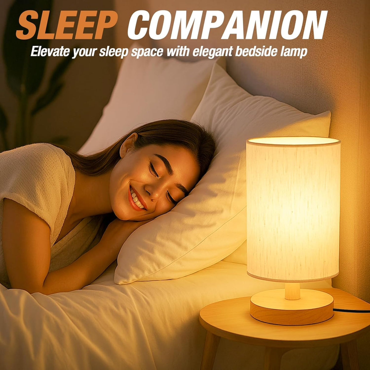 Less-Is-More Wood Base Lamp for Small Nightstand and Desk, Neutral Linen Shade LED Light