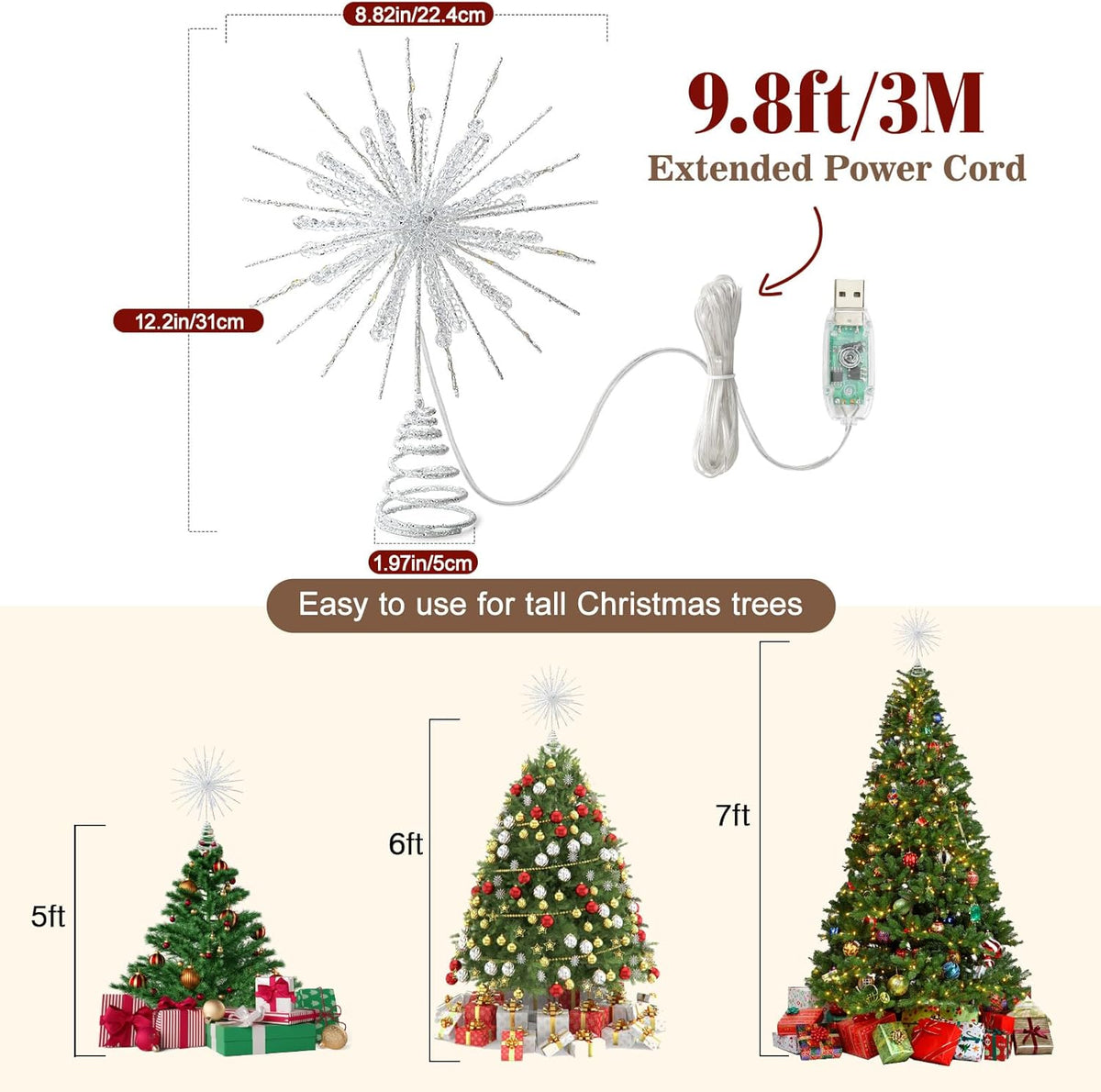 Lewondr Lighted Snowflake Tree Topper – Festive Living Room Aesthetic, 30 LED Christmas Topper with 8 Modes and Timer