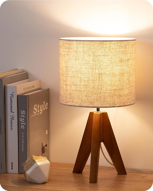 light brown wooden tripod base with triangular, tip-resistant design