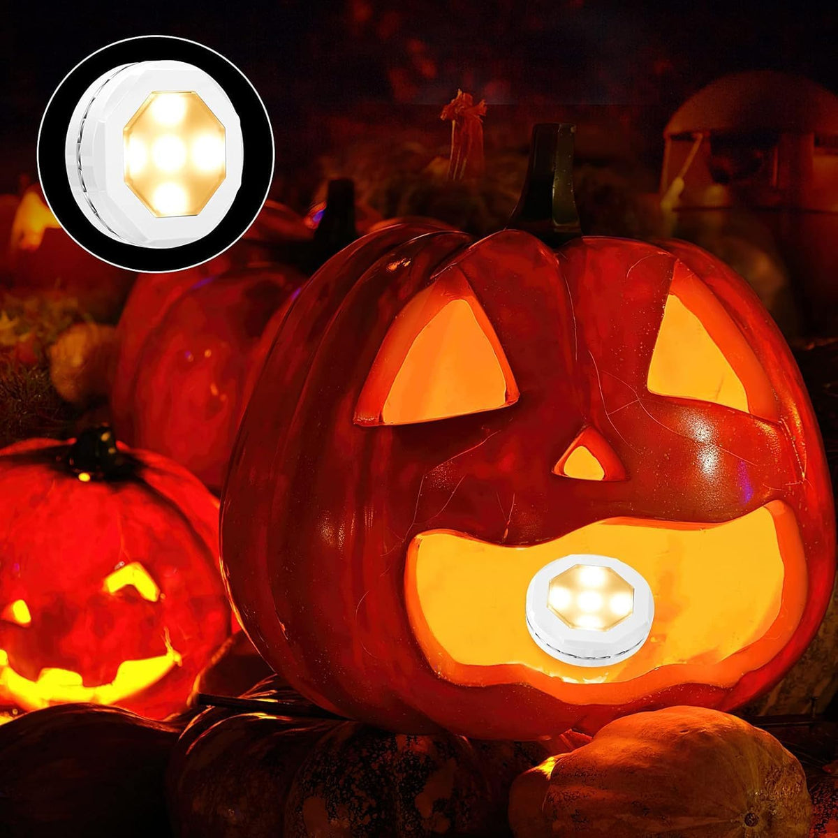 Litake Smokeless Pumpkin Lights 3-Pack, Dimmable Timer LED Pucks with Remote for Fire Risk Free Trick or Treat Display