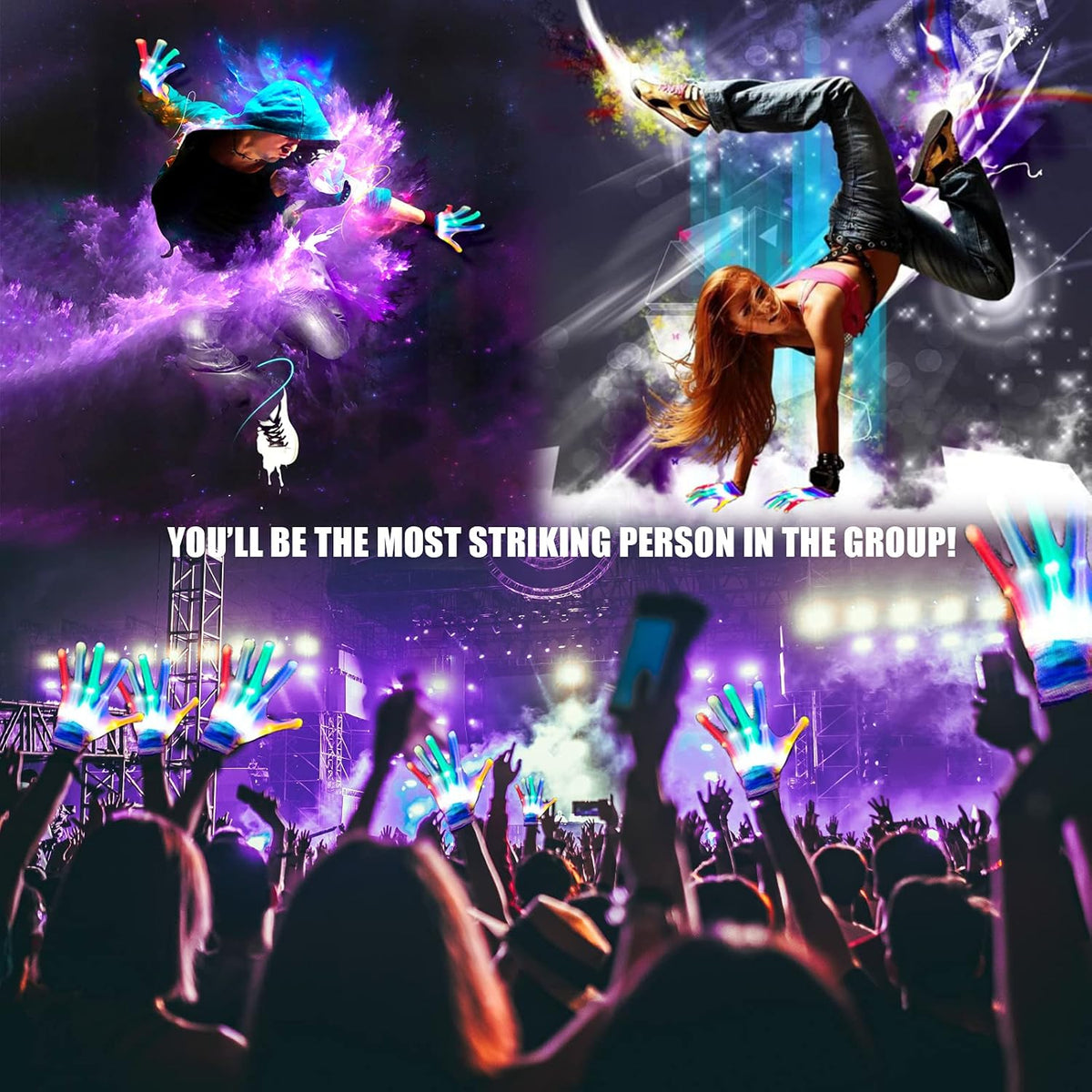 LumenGlow Light Up Gloves - Portable Rave and Concert Hand Accessory with Stretchy Fit and Spare Batteries for All-Night Events
