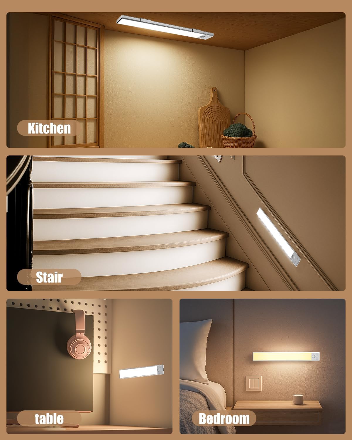 LumenGlow Motion Sensor Under Cabinet Light – Flameless Night Lighting for Stairs and Hallways, Rechargeable 3 Pack