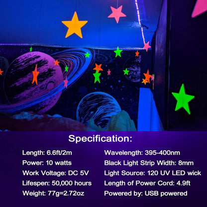 Lumiglow UV Black Light Strip – 6.6ft Halloween Party Decor with 120 LED Beams for Haunted House Glow