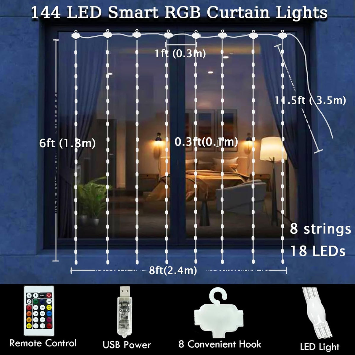 LuminVue RGB Curtain Lights – Outdoor Garden Party Lighting with Music Sync, USB Powered Weatherproof 8x6ft