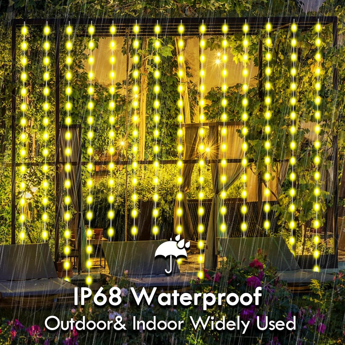 LuminVue RGB Curtain Lights – Outdoor Garden Party Lighting with Music Sync, USB Powered Weatherproof 8x6ft
