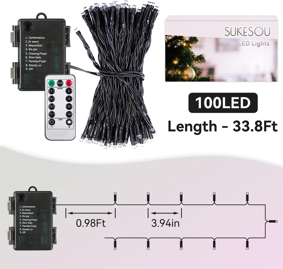 LUMIRESCO 33Ft 100 LED Battery String Lights – Portable Patio and Camping String Lights, IP65 Waterproof with Remote Timer and 8 Modes