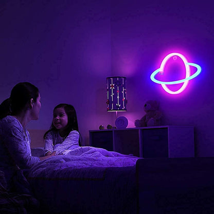 Lumoonosity Saturn Neon Light - Safe Nursery and Toddler Room Wall Decor, No Heat LED Planet Sign with Adhesive Mount, 3W USB Powered