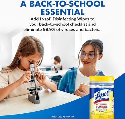 Lysol Disinfectant Wipes, Multi-Surface Antibacterial Cleaning Wipes, Lemon and Lime Blossom, 80 Count (Pack of 3) for Dorm Rooms and Shared Apartments