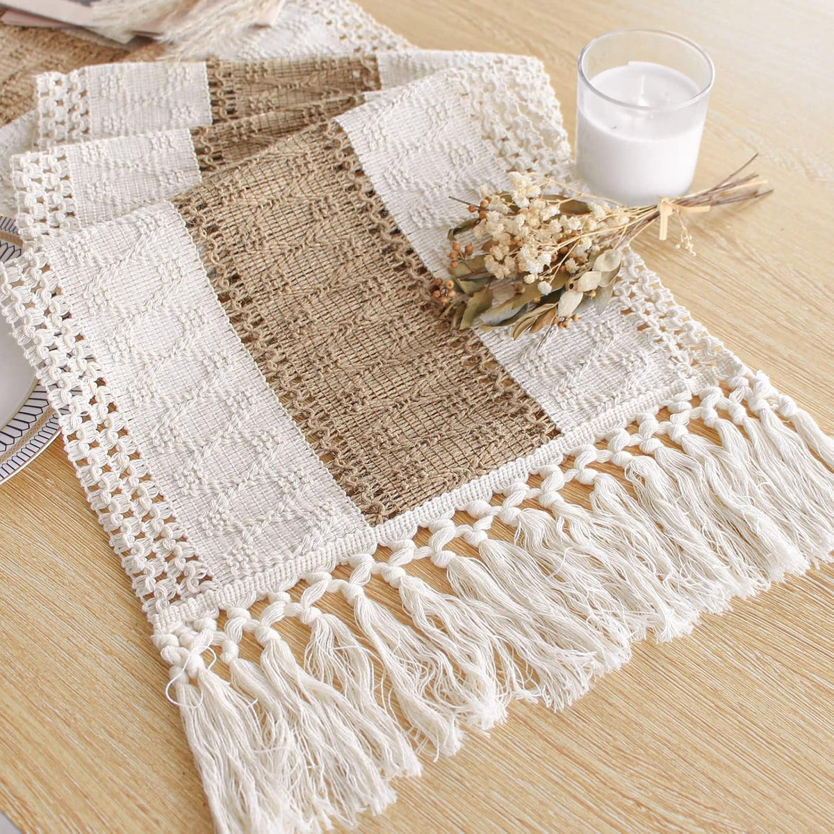 macrame weave with decorative tassels on both ends for boho-farmhouse texture