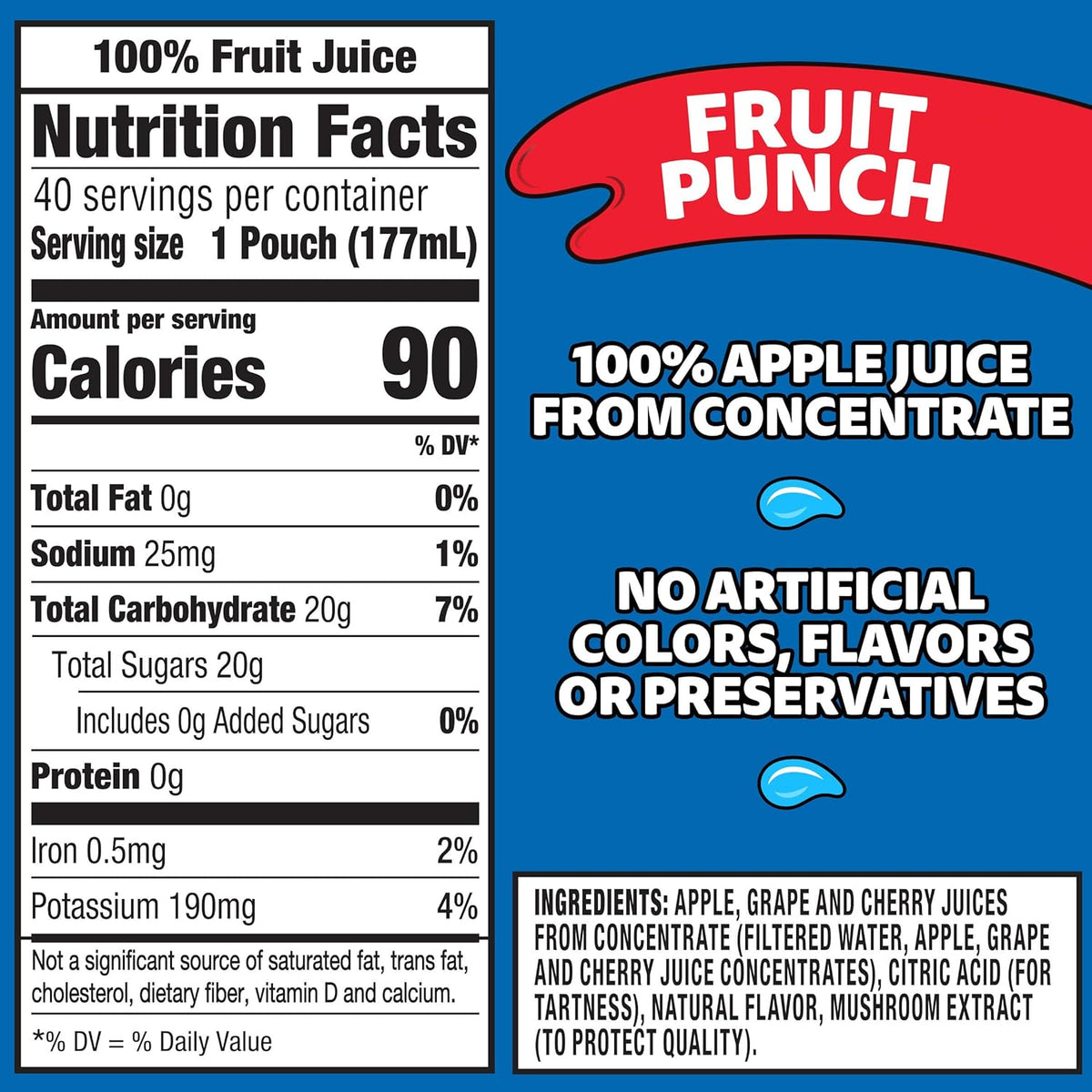 made from apple, grape, and cherry juices from concentrate — 3/4 cup fruit juice per pouch