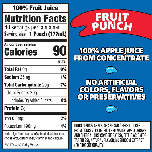 made from apple, grape, and cherry juices from concentrate — 3/4 cup fruit juice per pouch
