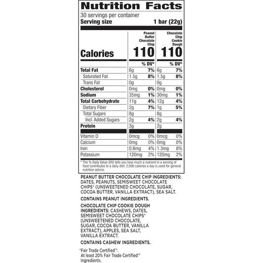 made with 3-5 real ingredients per bar: dates, nuts, semisweet chocolate chips, sea salt