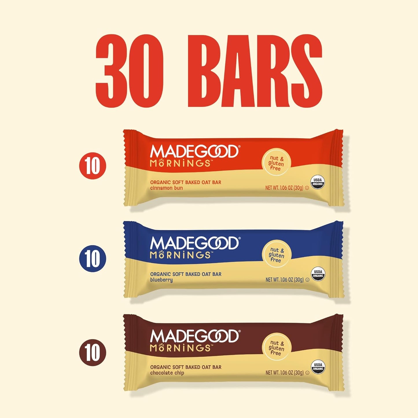 MadeGood Mornings Soft-Baked Oat Bars – Clean Ingredient Snack for Celiac and Allergy-Sensitive Diets, 30-Count Variety Pack