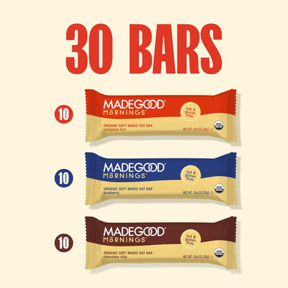 MadeGood Mornings Soft-Baked Oat Bars – Clean Ingredient Snack for Celiac and Allergy-Sensitive Diets, 30-Count Variety Pack