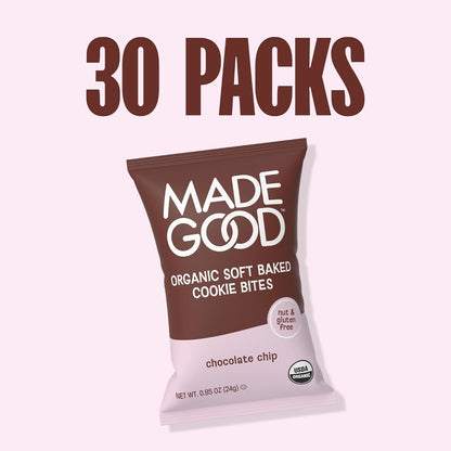 MadeGood Soft Baked Chocolate Chip Mini Cookies – School-Safe Lunchbox Snack for Kids, 30 Count