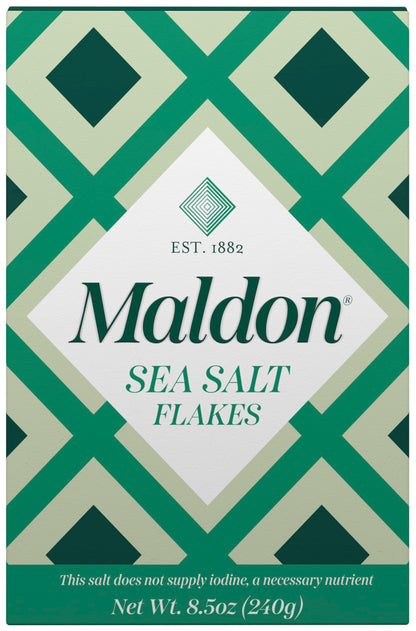 Maldon Salt, Sea Salt Flakes, 8.5 oz (240 g), Kosher, Natural, Unique Gourmet Pyramid Shaped Salt Flakes, Perfect for a Wide Range of Dishes, Hand-Harvested for Four Generations (Packaging May vary)