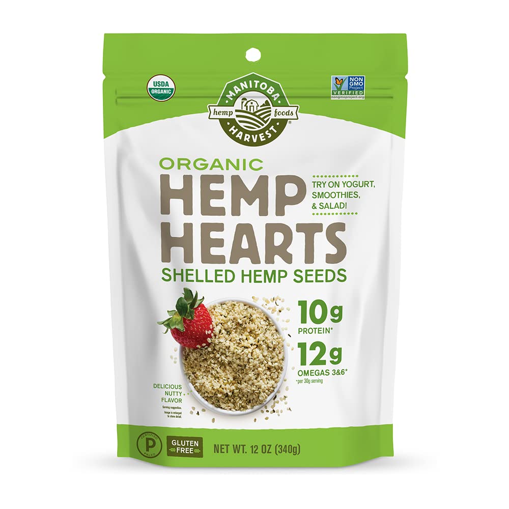 Manitoba Harvest Organic Hemp Hearts, 12oz, 10g Plant Based Protein and 12g Omega 3 &amp;amp; 6 per Srv, Smoothies, yogurt &amp;amp; salad, Non-GMO, Vegan, Keto, Paleo, Gluten Free