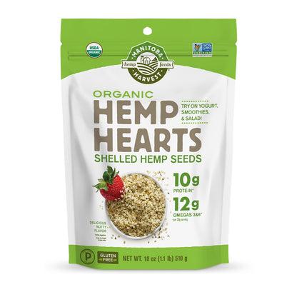 Manitoba Harvest Organic Hemp Seeds, 18oz, 10g Plant Based Protein and 12g Omega 3 &amp;amp; 6 per Srv, smoothies, yogurt &amp;amp; salad, Non-GMO, Vegan, Keto, Paleo, Gluten Free