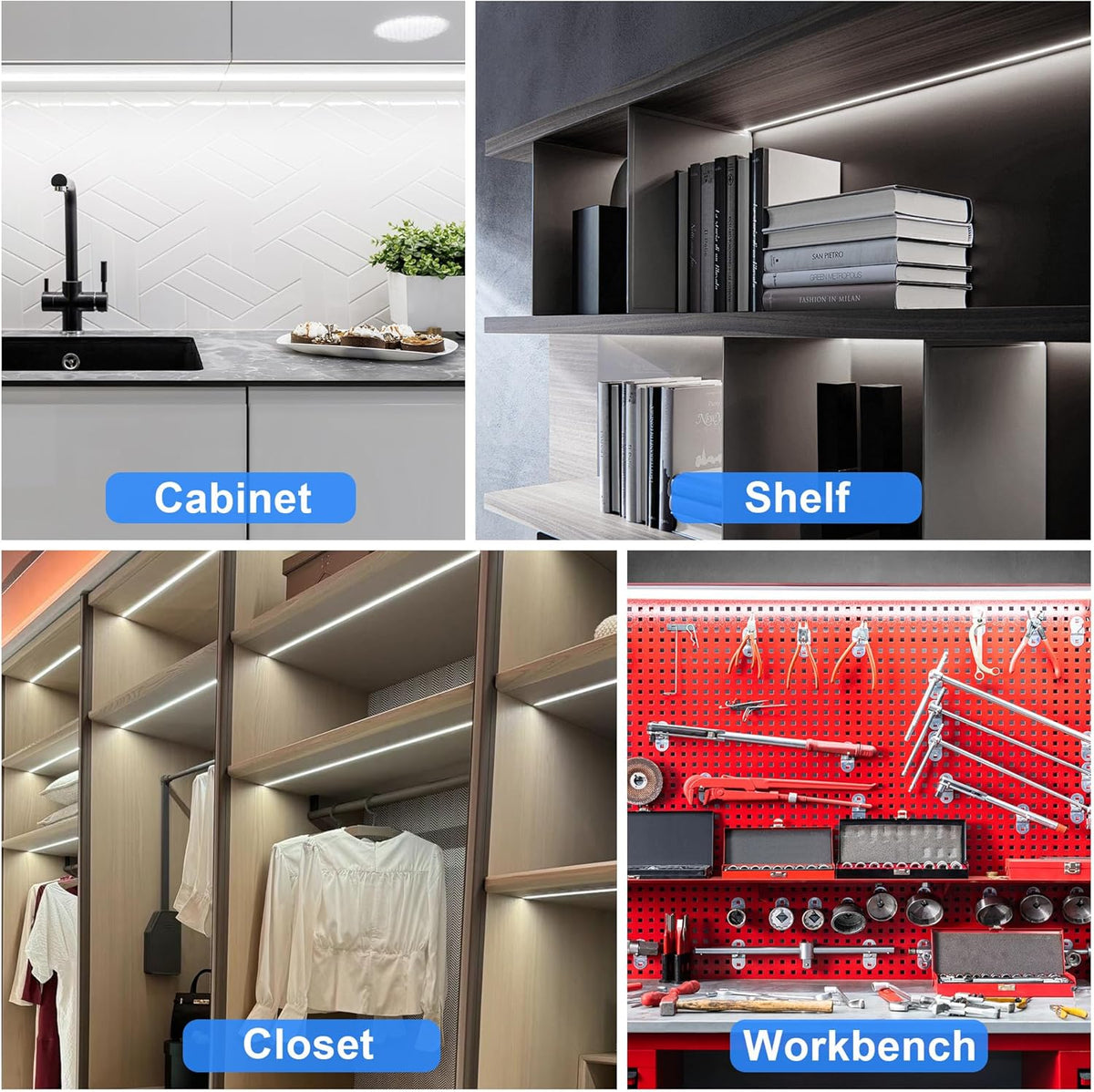 maylit Cool White LED Strip Light 48in Plug-in for Staircase and Dark Closet Visibility, Safer Under Cabinet Task Lighting for Aging Adults