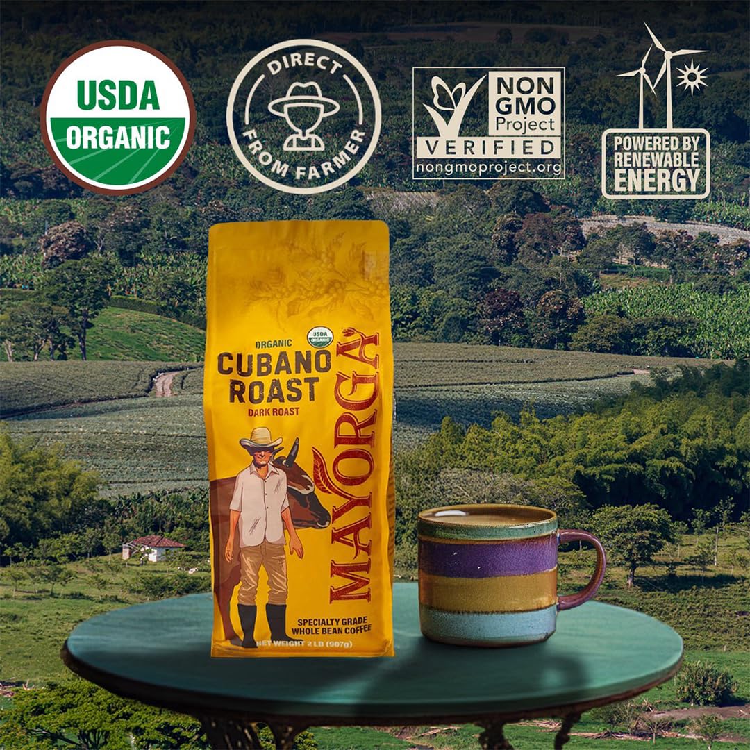 Mayorga Organic Cafe Cubano 2lb Whole Bean - Specialty Grade Low Acid Dark Roast Coffee for a Soothing Daily Brew Ritual