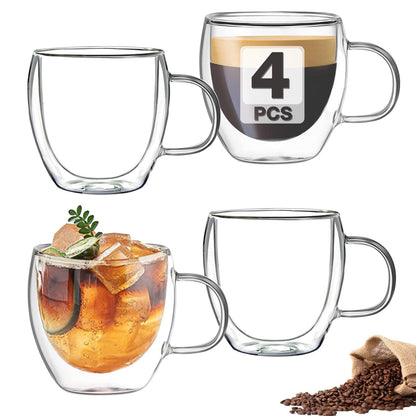 Mfacoy Double Wall Insulated Glasses Espresso Cups Set of 4 (50% Thicker), 5 oz Clear Coffee Cups with Handle, Shot Glasses, Suit for Espresso Machine, Latte, Cappuccino, Glass Coffee Mugs