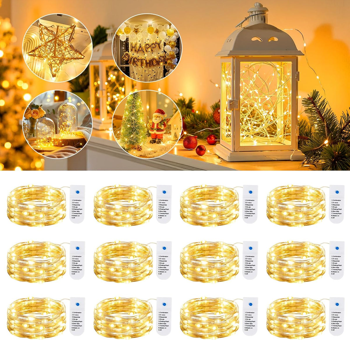 Minetom Twinkle Lights for Playroom and Loft Bed Decor, 7ft 20LED Battery String Lights with Auto Shutoff Timer 12 Pack