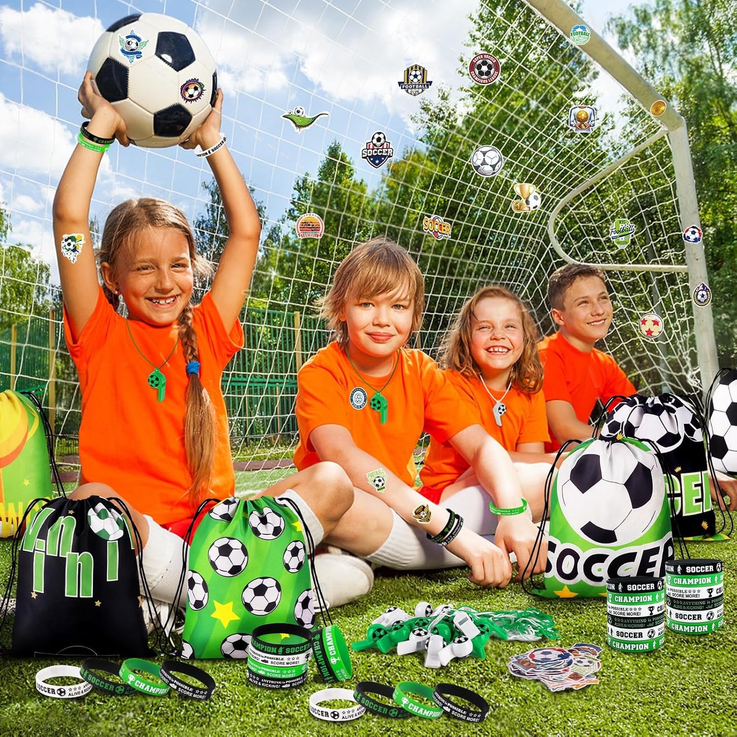 Miucat 98Pcs Soccer Party Favors – Ready-to-Give Birthday Gift Set for Soccer-Loving Kids, Whistles, Bracelets, and Bags