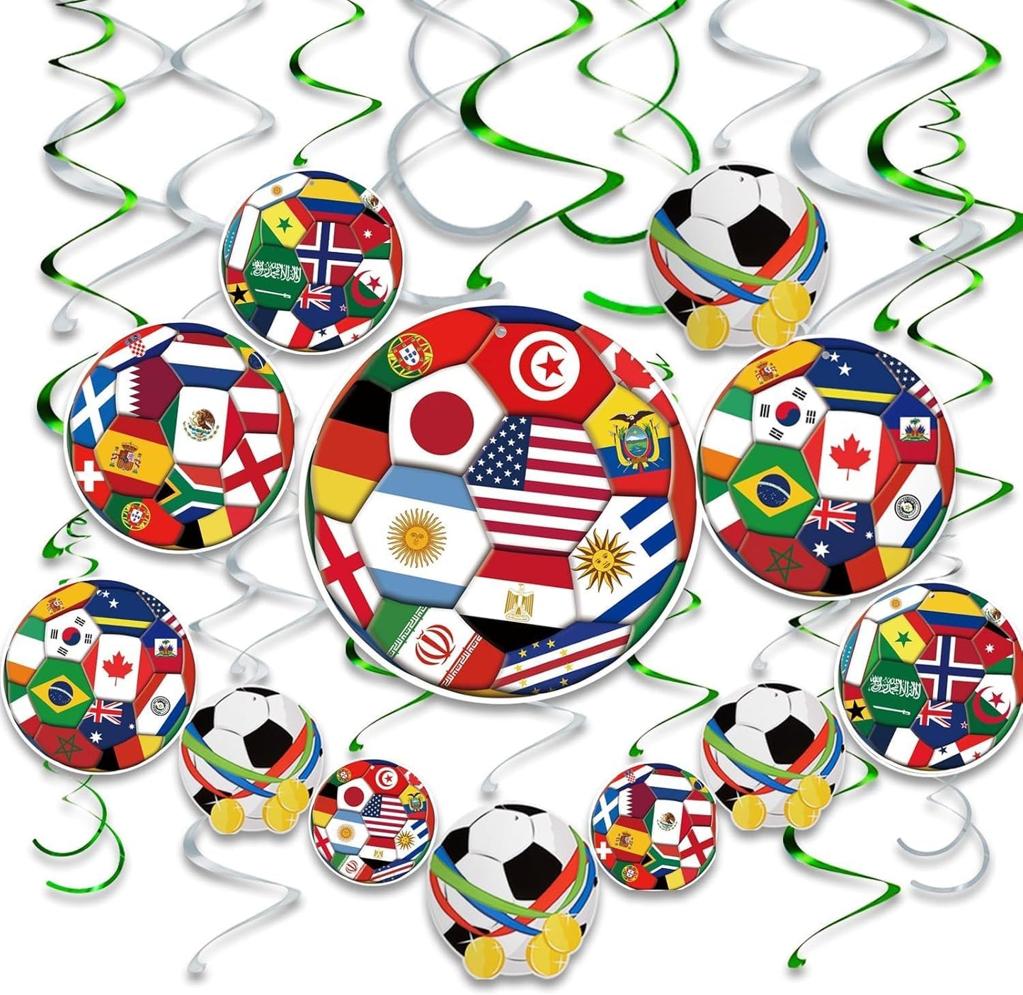 mixed 24-piece set containing 8 flag swirls, 4 soccer swirls, 6 silver double swirls, and 6 green double swirls