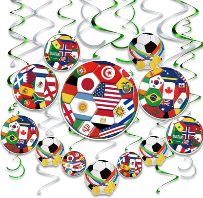 mixed 24-piece set containing 8 flag swirls, 4 soccer swirls, 6 silver double swirls, and 6 green double swirls