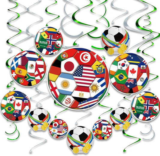 mixed 24-piece set containing 8 flag swirls, 4 soccer swirls, 6 silver double swirls, and 6 green double swirls