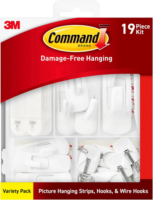 mixed kit: 6 small + 4 large picture hanging strips, 3 medium + 2 large + 3 small utility hooks, 6 small wire hooks, plus 20 replacement strips