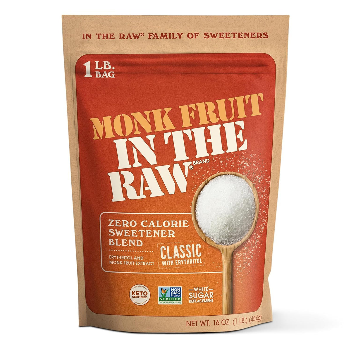 Monk Fruit In The Raw Sweetener Baker&amp;#39;s Bag, 16 oz., Keto Certified Monk Fruit Sweetener, Zero Calories, Zero Net Carbs, Non-GMO Project Verified