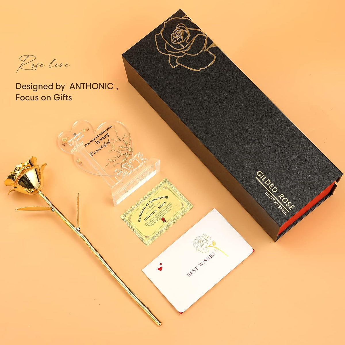Mono Bloom – Single Preserved 24K Gold Rose in Neutral Finish, Clean-Line Nightstand and Desk Decoration